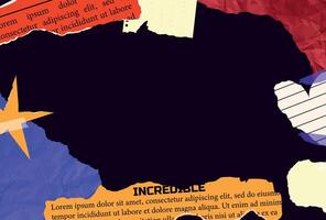 Crumpled torn paper. Jagged edges. Collage. Frame and textbox. Concept from scraps on background, newspaper fragments and tape. Trendy design elements. Template. Set and collection of sheets. Old note vector