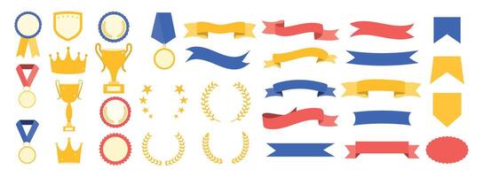 Set of flags, medals, cups, crowns. Reward for victory. Wreath. Frame and textbox. Competing and tournament. Ranking template. Certificate. Elements for design. Winner. Premium quality sticker vector