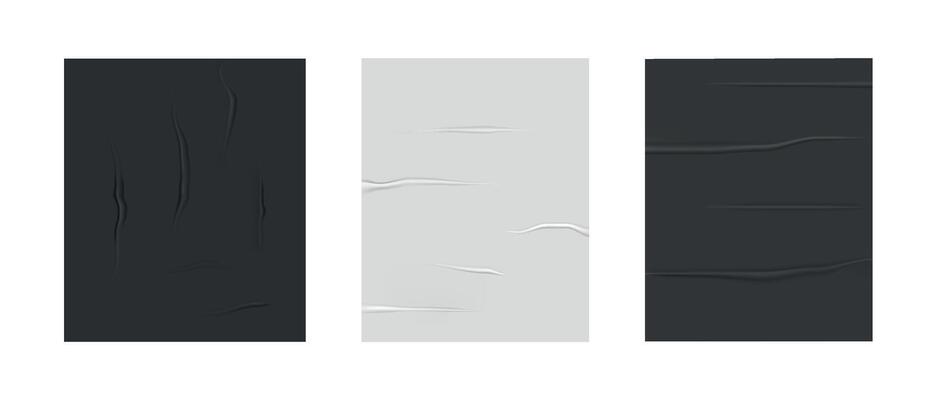 Set and collection of glued posters. Mock up. Collage trend element for design. Paper. The sheet are wrinkled. Texture for the template. Realistic. Blank white album. Sticker label. Wet grease