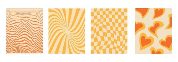 Set and collection of trendy twirl backgrounds in hippie and y2k style. Groovy swirl and retro psychedelic aesthetic pattern. twisted geometric lines. Distorted posters. Waves, hearts. Chess. Spiral vector