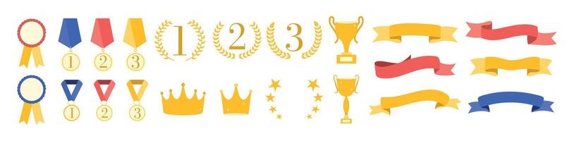 Set of flags, medals, cups, crowns. Reward for victory. Wreath. Frame and textbox. Competing and tournament. Ranking template. Certificate. Elements for design. Winner. Premium quality sticker vector