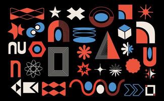 A set of abstract shapes and geometric figures in brutalist style. Bauhaus. Y2k design. Retro aesthetic elements for design. Lines, circles, flowers, stars, triangles, squares, arches, waves, spirals. vector