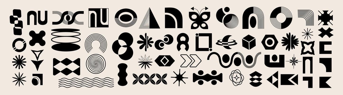 A set of abstract black geometric figures in brutalist style. Trendy minimalism. Modernism. Bauhaus. Symbols Y2k.Memphis extraordinary design. Groovy circles. Swiss simple shapes. 60s-70s. Modern