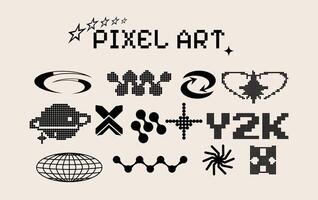 Pixel art figures in abstract form. Y2k sticker. Games are 8 bit. Arcade style. Collection icons pack. Doodle. Set retro and vintage. Trendy elements and geometric shapes vector