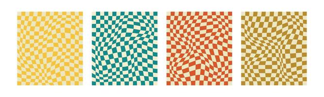 Set of chess board backgrounds. Psychedelic design in 60-70s. Pattern in hippie design. Y2k style. White background. Groovy. Trippy. Collection of trendy twirl backgrounds. Swirl and retro. Distorted vector