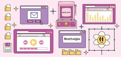 Sticker pack. Set of retro pc and computer icons. Browser and pop-up window. Illustration. Isolated. Psychedelic and hippie. Aesthetics. Brutalism. 2000s. Groovy style vector