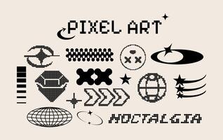 Pixel art figures in abstract form. Y2k shapes. game design 8 bit. Illustration. Isolated. Sticker and icons pack. Doodle. Console Retro and vintage symbols. Arcade. Comic set. Groovy vector