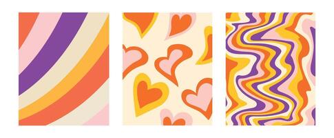 Set and collection of trendy twirl backgrounds in hippie and y2k style. Groovy swirl and retro psychedelic aesthetic pattern. Distorted posters. Waves, hearts. Chess. Spiral elements. Shapes. vector