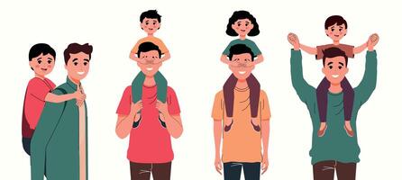 Best Dad. Father's Day. Generation. Family. A man holds a son on his back and on his neck. Set of characters in different poses. Embrace. Together. Flat style. June 16. A small child and his father. vector