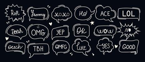 Set and collection of speech bubbles and talks clouds with phrases. Conversation with words. Scribbles elements. Editable stroke,y2k speak, text and textbox. Quotes. Doodle lettering vector