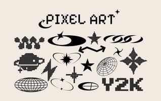 Pixel art figures in abstract form. Y2k shapes. Games are 8 bit. Arcade style. Graffiti and tattoo design. Collection sticker and icons pack. Doodle. Set retro and vintage. vector