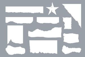 Collection of sheets of torn paper on a gray background. Textbox, frame. Grunge texture. Set of scraps. Notebook and collage. Jagged edges. Newspaper. Trendy modern design. Doodle elements. Hand drawn vector