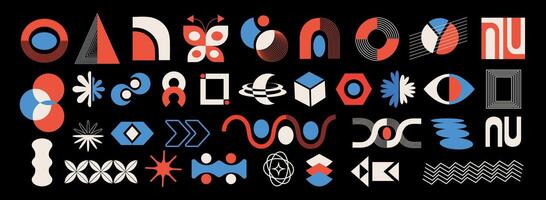 A set of abstract shapes and geometric figures in brutalist style. Modern trendy minimalism. Modernism. Bauhaus. Y2k. Retro aesthetic elements. Futuristic icons. Memphis extraordinary design. Groovy vector