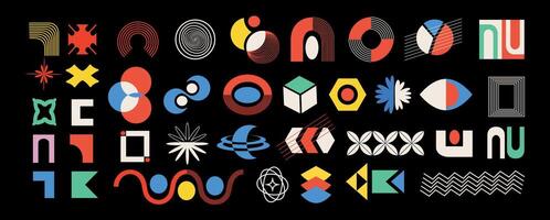 A set of abstract geometric figures in brutalist style. Modern trendy minimalism. Modernism. Bauhaus. Y2k. Retro aesthetic elements. Futuristic icons. Memphis extraordinary design. Groovy circles. vector