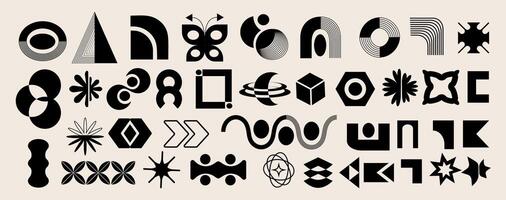 A set of abstract shapes and geometric figures in brutalist style. Modern trendy forms. Modernism. Bauhaus. Y2k design. Retro aesthetic elements, design. Brutal grids. Groovy primitive circles. Icons vector