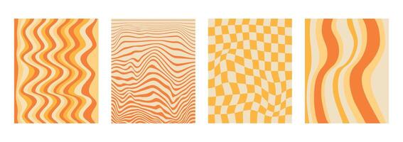 Set and collection of trendy twirl backgrounds in hippie and y2k style. Distorted posters. Waves, hearts. Chess. Spiral elements. Groovy swirl and retro psychedelic aesthetic pattern. Funky twisted vector