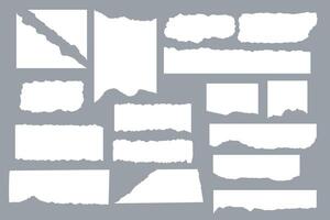 Collection of sheets of torn paper. Place for textbox, frame, speak bubbles. Set of scraps. Notebook and collage. Template. Pieces. Jagged edges. Newspaper. Trendy modern design. Doodle elements vector