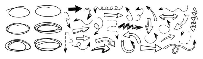 Collection arrows in trendy style. Hand drawn and doodle. Textbox, bubbles. Frame. Editable stroke. Pencil and texture. Elements, shapes for design. Line, underline. Mark. Abstract scribbles. vector