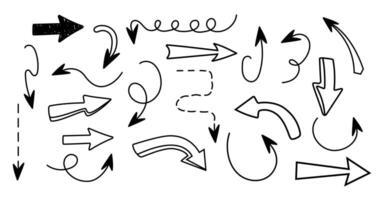 Set of arrows in different styles. Hand drawn and doodle. Illustration. Editable stroke. Pencil texture. Elements, shapes. Line and underline. Isolated. Background. Curves. Abstract scribble vector