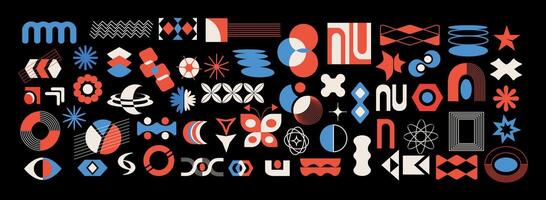 A set of abstract shapes and geometric figures in brutalist style. Modern trendy minimalism. Modernism. Bauhaus. Y2k design. Retro aesthetic elements, design. Brutal grids. Simple and primitive circle vector