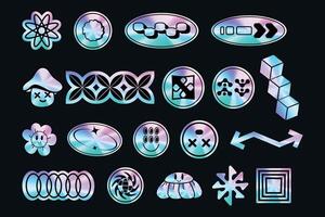 A set of sticker packs in y2k style. Holographic. 3d Retro futuristic design. Foil style labels. Elements. Nostalgia.High-quality. Trendy Psychedelic. Gloss and reflect. Chrome. Cyberpunk. vector