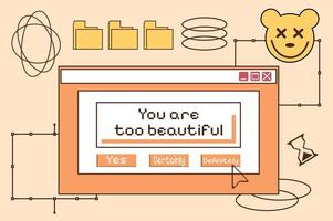 Groovy set in y2k style. Retro collection of browser popup icons. Personal computer, laptop. Psychedelic and hippie design. 00s aesthetic. 2000s. Textbox. Illustration. Comic vector