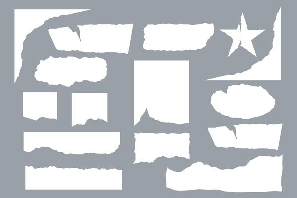 Collection of sheets of torn paper. Place for textbox, frame. Grunge texture. Set of scraps. Notebook and collage. Sample. Pieces. Jagged edges. Newspaper. Trendy modern design. Doodle elements