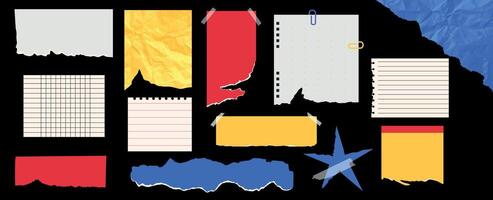 A large set of notes, crumpled torn paper. Jagged edges. Collage. Frame and textbox. Concept from scrap on a black background, newspaper fragments and tape. Trendy design elements. Template. Old notes vector