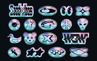A set of sticker packs in y2k style. Holographic. 3d Retro futuristic design. Foil labels. Elements. Nostalgia. Trendy Psychedelic. . Gloss and reflect. Chrome. Abstract. Holo. Cyber. Template vector