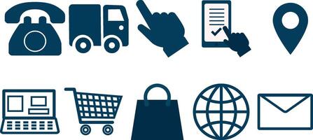 Online store icons, delivery car, phone, arrow, confirmation, location, computer, shopping cart, shopping bag, internet icon, email vector