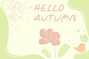 Autumn background with red flowers and green leaves. Horizontal background in pastel colours. Text. vector