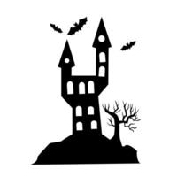 Happy Halloween holiday card with abandoned castle with bats and spooky trees. vector