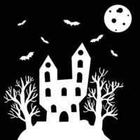 Happy Halloween holiday card with moon, abandoned castle with bats and spooky trees. vector