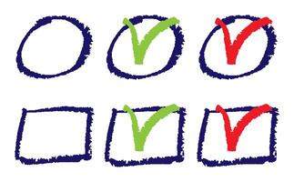 Cute oil pastel textured checkboxes for online vote, selection, empty checkboxes, square and round, grunge style. vector