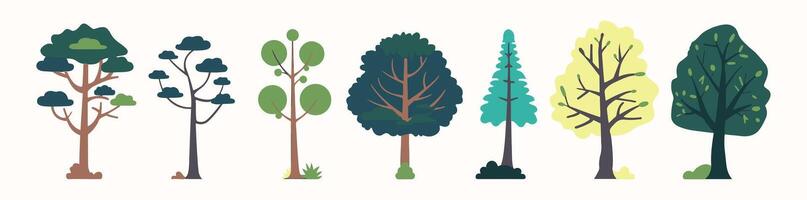 Tree and leaf collection hand drawn flat design element. botanical set of bare trees and ones with leaves and lush limited pastel color vector