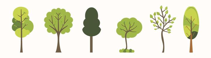 Tree and leaf collection hand drawn flat design element. botanical set of bare trees and ones with leaves and lush limited pastel color vector