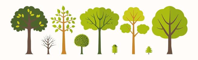 Tree and leaf collection hand drawn flat design element. botanical set of bare trees and ones with leaves and lush limited pastel color vector