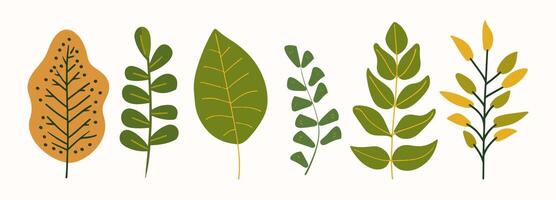 Tree and leaf collection hand drawn flat design element. botanical set of bare trees and ones with leaves and lush limited pastel color vector