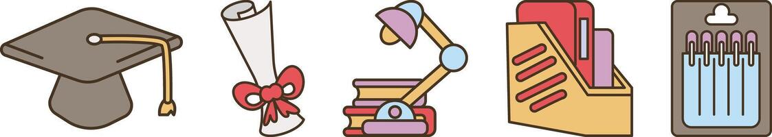 A row of icons for graduation items, including a cap and gown, a book, a pencil, and a desk lamp vector