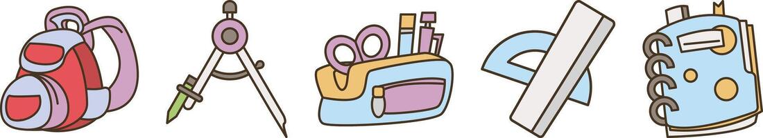 A row of school supplies, including a backpack, a ruler, a pencil case, a pair of scissors, and a calculator. The supplies are arranged in a neat and orderly fashion vector