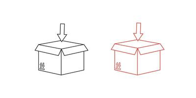 Box line icons. Empty open shipping box or unboxing line art. Carton boxes icon set. Stock vector