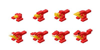 Step-by-step assembly of a dinosaur in isometry. vector
