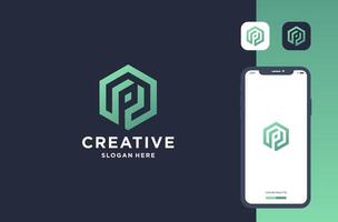 letter p negative space in hexagon shape logo design vector