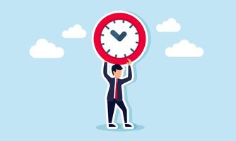 Time management failure overworked office worker struggles to find time for family and loved ones, concept of depressed businessman salary man carry heavy big clock burden. vector