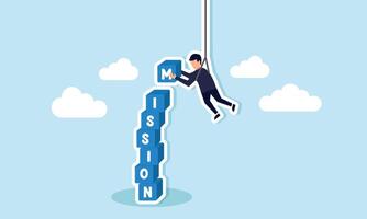 leadership skills to achieve targets, overcome obstacles, and find motivation to do the impossible, concept of A skillful businessman hangs from above, managing to complete mission blocks vector