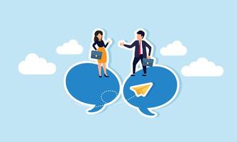 Work discussions involve sharing ideas, sending messages, and find solutions, concept of Businessman and woman engaged in a conversation within chat speech bubbles vector