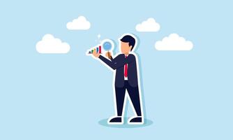 Company transparency business analysis, reports, and statistics to track market growth and economic improvement, concept of businessman look through magnifying glass analyze graph vector