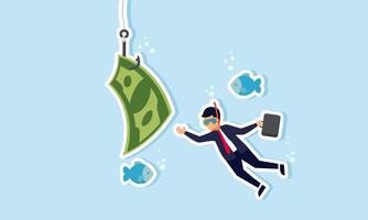 Investment risks or money traps business fraud, cheating, financial pitfalls, and mistakes, concept of A businessman dives into the business ocean, taking the bait of a hook with a dollar bill vector