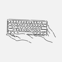 hand holding Keyboard in line art style. isolated on white background. hand drawn illustration. vector
