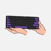 hand holding Keyboard in line art style with color. isolated on white background. hand drawn illustration. vector